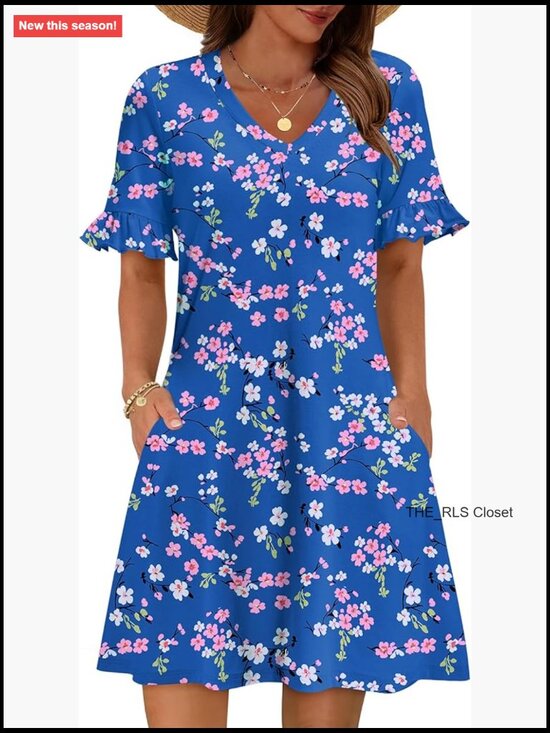 Dresses & Skirts - Ruffle Short Sleeve V-Neck Floral A-Line Dress with Pockets